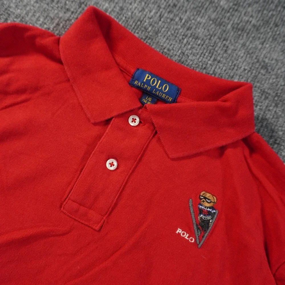 Polo Ralph Lauren Polo Shirt Kids Large 14-16 Red Long Sleeve Skiing Polo Bear